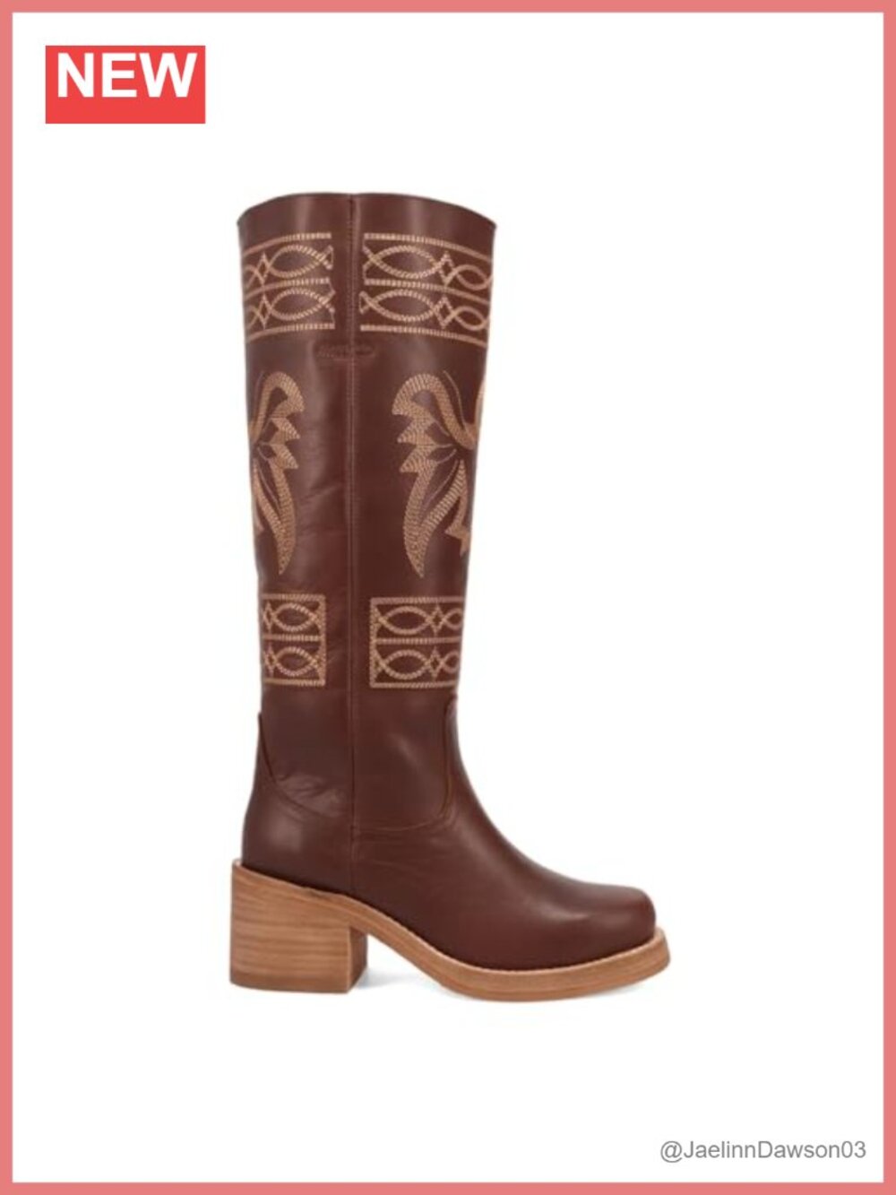 Leather Knee-High Western Boots Block Heel Round Toe Pull-On